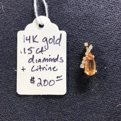 Lot 44 - 14K Solid Gold Pendant with .15 Carats Genuine Diamonds & 1 1/4 Carat Teardrop Genuine Citrine 