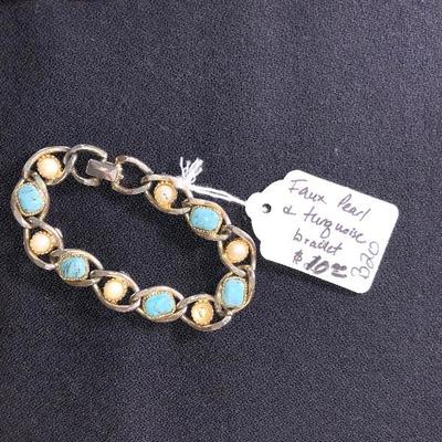 Lot 59 - Caravelle Bulova Watch, Faux Pearl & Turquoise Bracelet, Silver Circle Necklace and Long Turtle 
