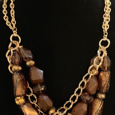 New Stunning Chunky Brown & Metallic Necklace & Gold Tone Chain