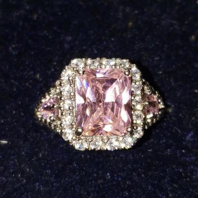 Sterling Silver Pink and White Cubic Zirconia Ring Size 7.5