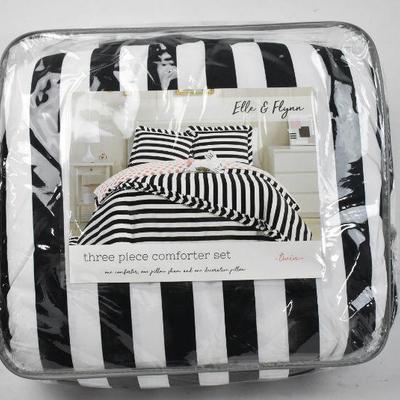 3 Piece Twin Comforter, B&W Stripes, Pink Polka Dots, Bunny Pillow - New