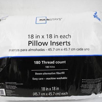 18" x 18" Pillow Inserts by Mainstays, 100% Polyester Set of 2 - New