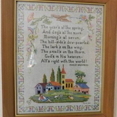  Framed Needle Work Art Robert Browning Poem on Spring