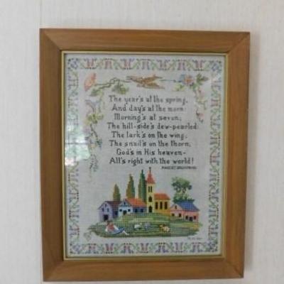  Framed Needle Work Art Robert Browning Poem on Spring