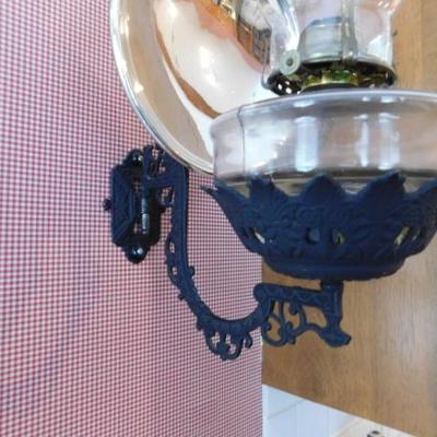 Antique Oil Lantern with Cast Iron Wall Sconce