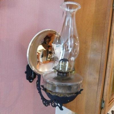 Antique Oil Lantern with Cast Iron Wall Sconce