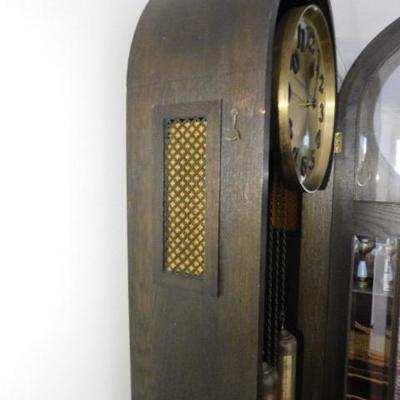 Vintage Solid Wood Walnut Case Grandfather Clock with Brass Face Working Condition 78