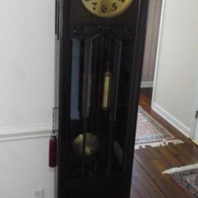 Vintage Solid Wood Walnut Case Grandfather Clock with Brass Face Working Condition 78