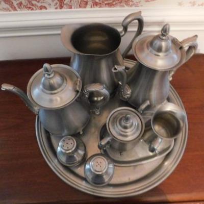Pewter Coffee, Tea, Water Pitcher Set with Creamer, Sugar Bowl, Salt/Pepper Shaker