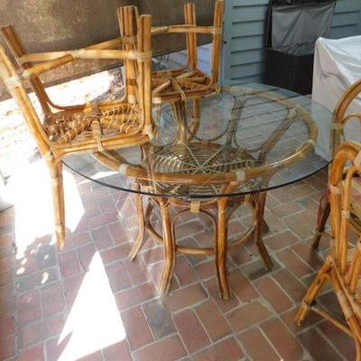 Quality Authentic Rattan Wicker Patio Glass Top Tables and Chairs  with Cushions 48