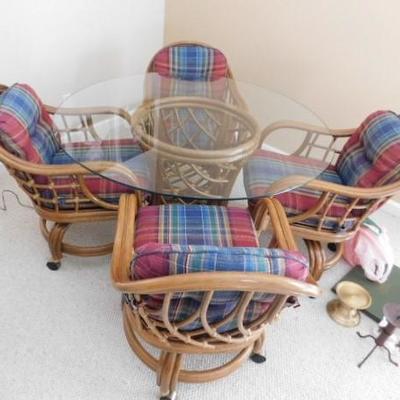 Wicker Rattan Four Chair and Glass Top Table Set with Cushions 48