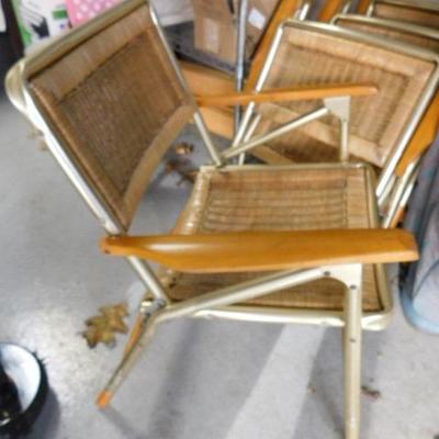 Set of Four Rush and Maple Wood Folding Patio Chairs