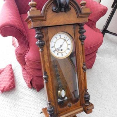 German Wall Clock with Solid Wood Case and Enamel Face (Not Working)