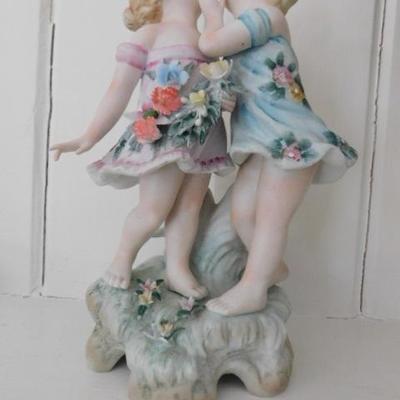 French Ceramic Statuette of Flower Dressed Girls 9"