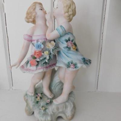 French Ceramic Statuette of Flower Dressed Girls 9"