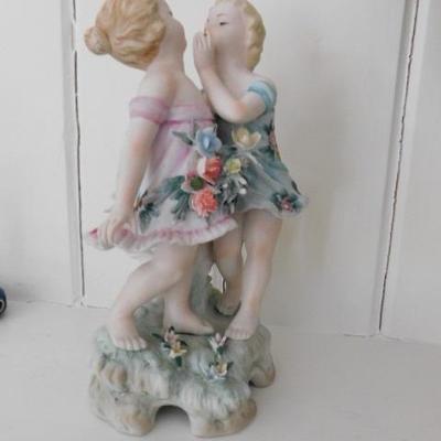 French Ceramic Statuette of Flower Dressed Girls 9"