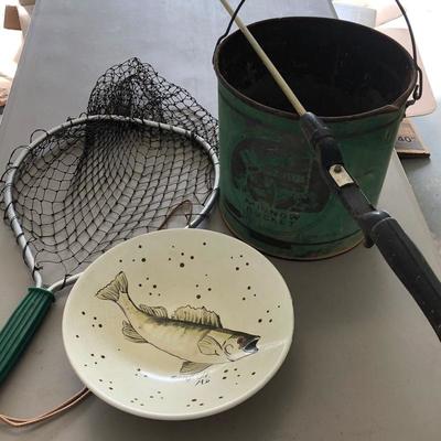 Lot 121- Fishing Pole, Bucket and Net