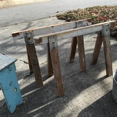 Lot 134 - Saw Horse, Bench and Galvanized Buckets