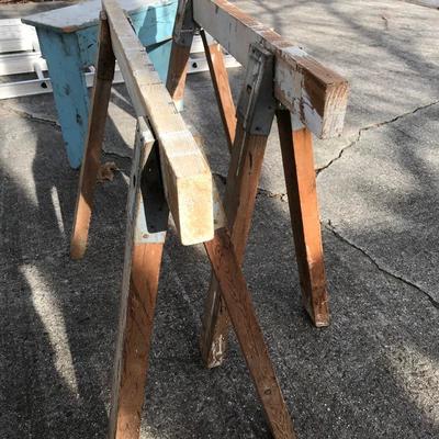 Lot 134 - Saw Horse, Bench and Galvanized Buckets