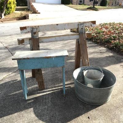 Lot 134 - Saw Horse, Bench and Galvanized Buckets