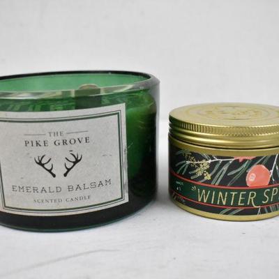 2 Candles: 12.8 oz Balsam in Green Glass, 4.1 oz Winter Spruce in Tin Can - New