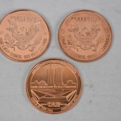 3 0.999 Fine Copper Coins: Enduring Freedom, Liberty Statue, Twin Towers - New