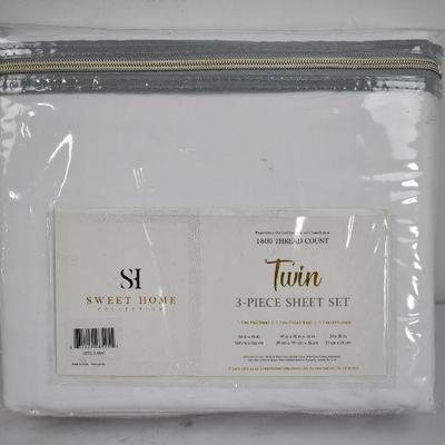 Sweet Home 3 Piece Twin Size Sheet Set, White, 1800 Thread Count - New