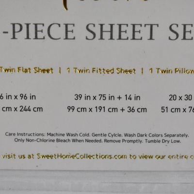 Sweet Home 3 Piece Twin Size Sheet Set, White, 1800 Thread Count - New