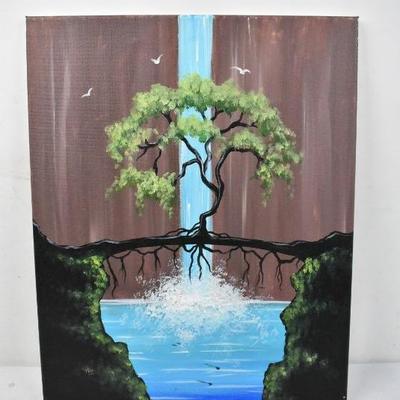 Tree, Bridge, & Waterfall Hand Painted Canvas 16