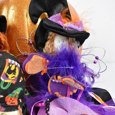 3 Piece Halloween Decor: 1 Sparkly Orange Pumpkin & 2 Witches