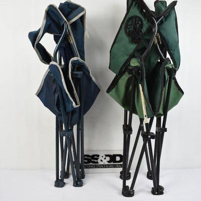 2x Camping Chairs: One Blue and One Green with Cup Holders