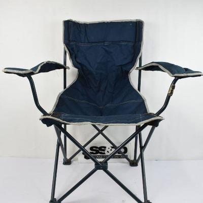 2x Camping Chairs: One Blue and One Green with Cup Holders