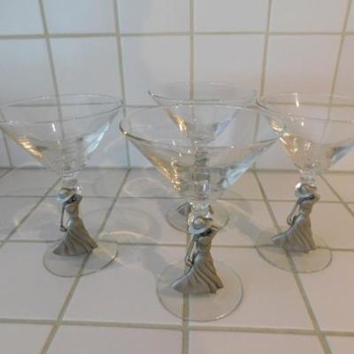 Set of 4 Martini Glasses with Pewter Shields Depicting Vintage Woman Golfer