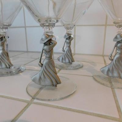 Set of 4 Martini Glasses with Pewter Shields Depicting Vintage Woman Golfer