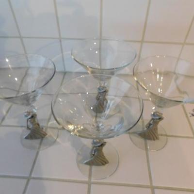 Set of 4 Martini Glasses with Pewter Shields Depicting Vintage Woman Golfer