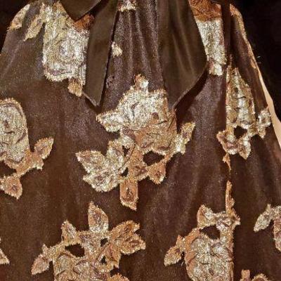 Vtg Metallic gold rosette organza velour hostess maxi gown