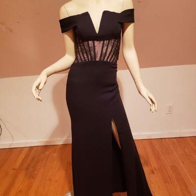 Max Azria  Black off the shoulder gown with French lace bustier illusion top