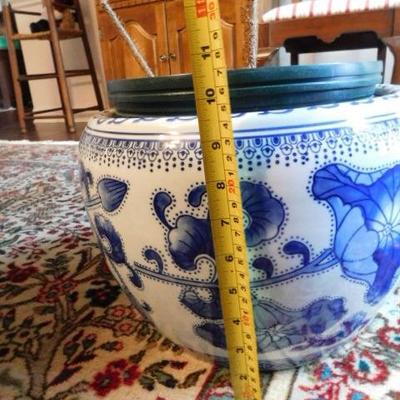 2 of 3:  Ceramic Jardinere Blue with White Asian Design 10"