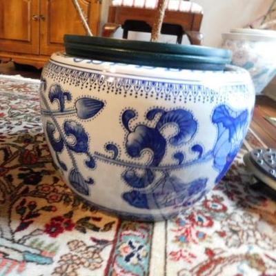 2 of 3:  Ceramic Jardinere Blue with White Asian Design 10"