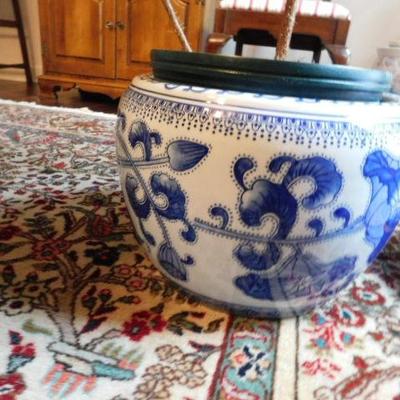 2 of 3:  Ceramic Jardinere Blue with White Asian Design 10"