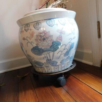 3 of 3:  Ceramic Jardinere Blue with White Floral Asian Design 12"