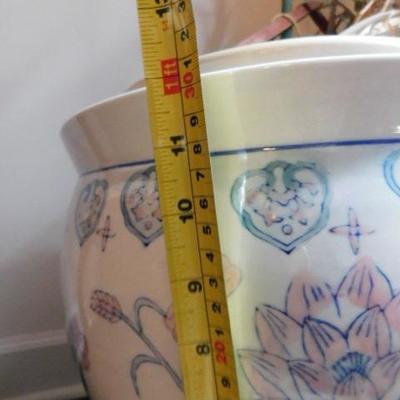 3 of 3:  Ceramic Jardinere Blue with White Floral Asian Design 12"