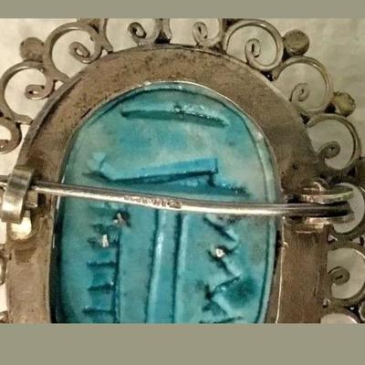  Vtg Egyptian Revival Faience Scarab Bracelet/Brooch coin silver 