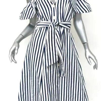 Zara Collection cold shoulder white/blue striped Line/Cotton dress