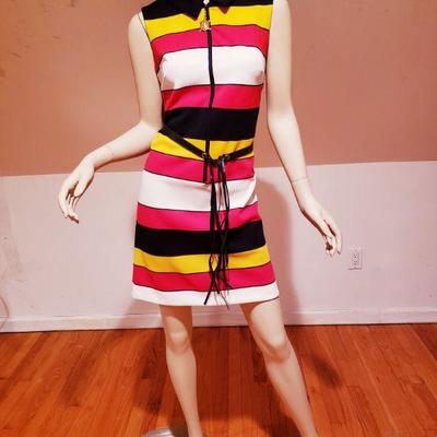 Vicky Vaughn 1970 Striped Mini dress with leatherette belt /fringes