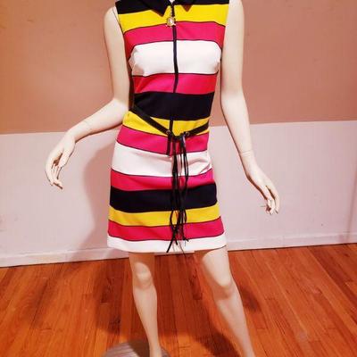 Vicky Vaughn 1970 Striped Mini dress with leatherette belt /fringes