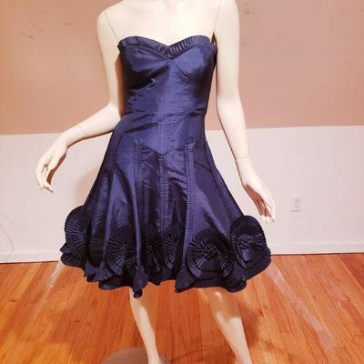 Vtg Cacharel  1980's blue ruffled strapless Cocktail Dress Floral appliques