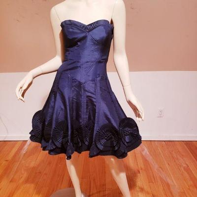 Vtg Cacharel  1980's blue ruffled strapless Cocktail Dress Floral appliques