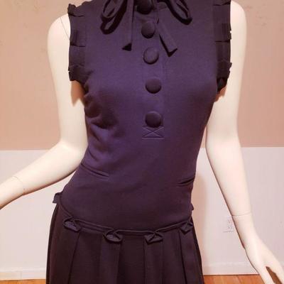 Vtg  Sheath jersey knit dress pussy bow covered buttons/Pleats
