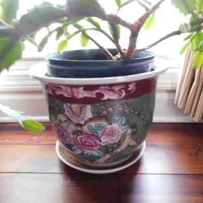 Asian Design Ceramic Jardinere Colorful Floral Print